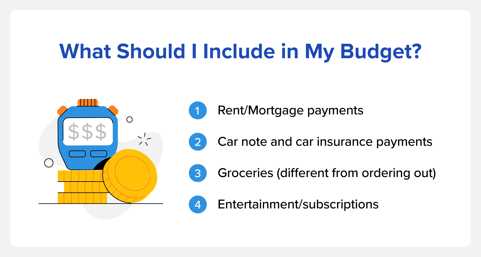 Rent, car payments, groceries and entertainment/subscriptions should be included in your budget.